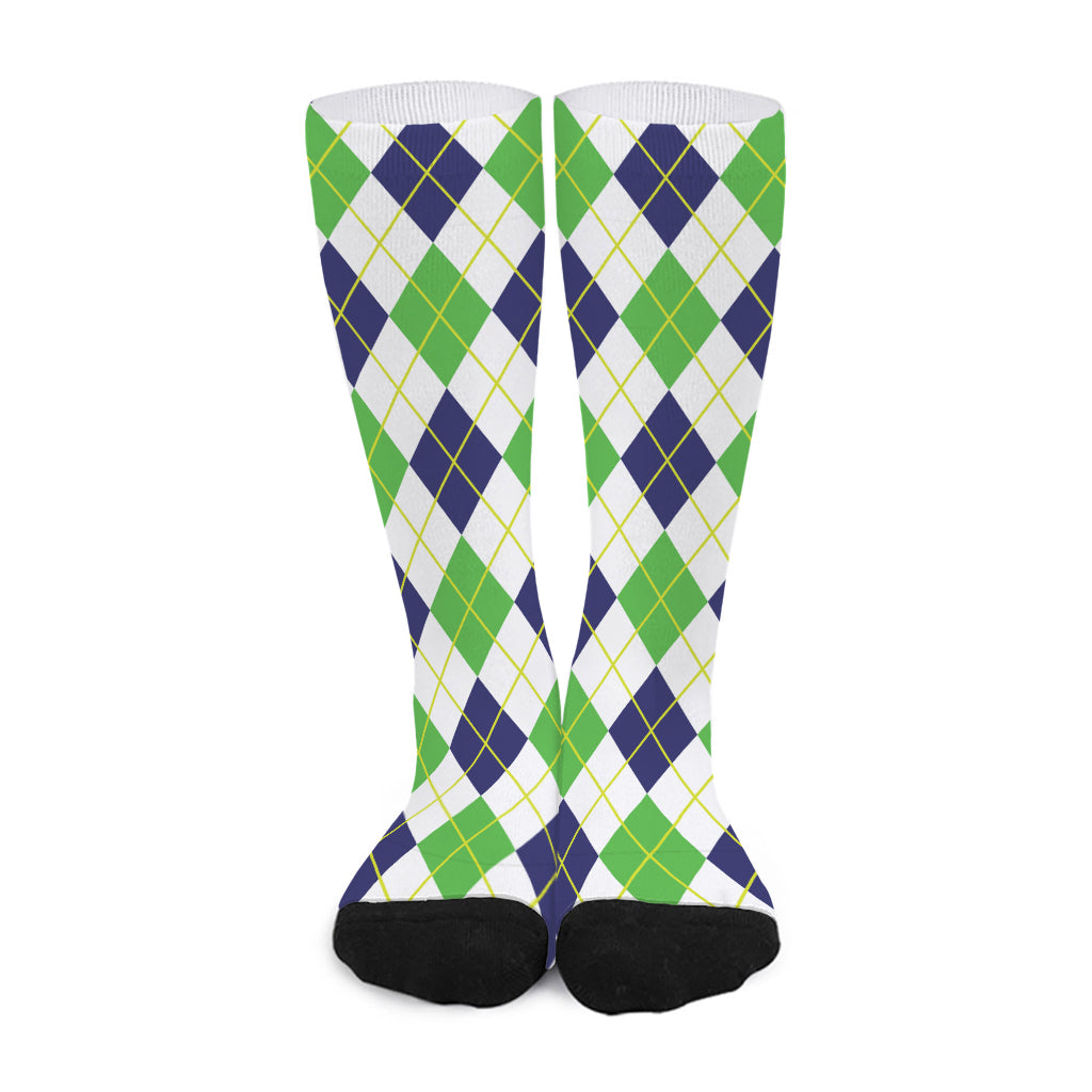 Navy Green And White Argyle Print Long Socks