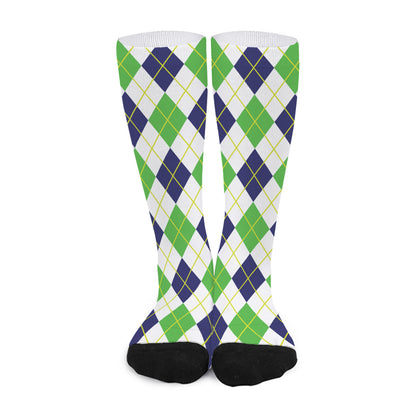 Navy Green And White Argyle Print Long Socks