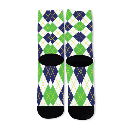 Navy Green And White Argyle Print Long Socks
