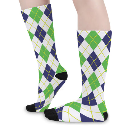 Navy Green And White Argyle Print Long Socks