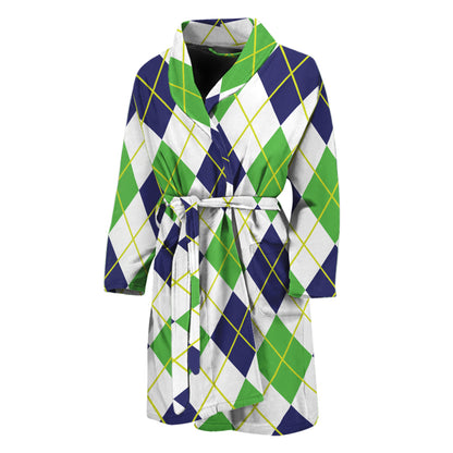 Navy Green And White Argyle Print Men's Bathrobe