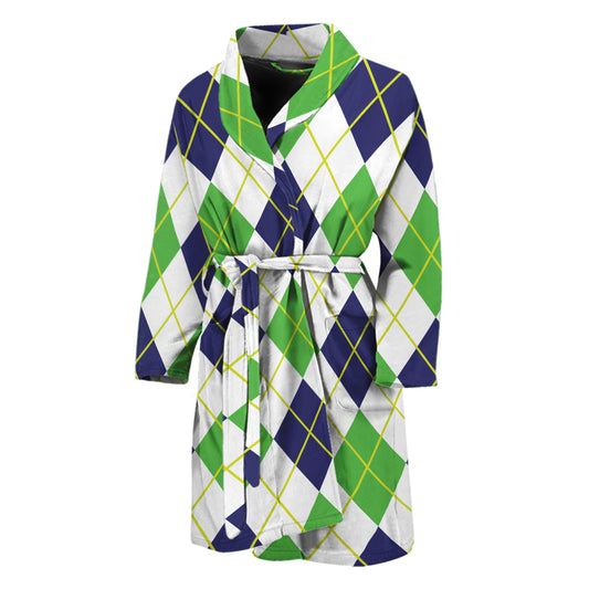 Navy Green And White Argyle Print Men's Bathrobe