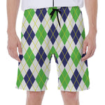 Navy Green And White Argyle Print Men's Beach Shorts
