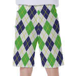 Navy Green And White Argyle Print Men's Beach Shorts