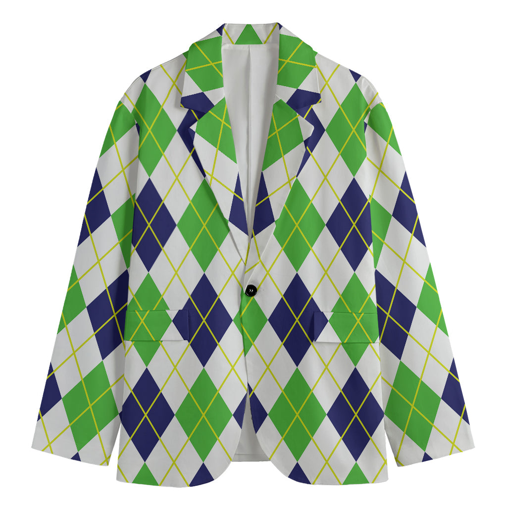 Navy Green And White Argyle Print Men's Blazer