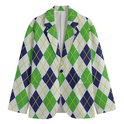 Navy Green And White Argyle Print Men's Blazer