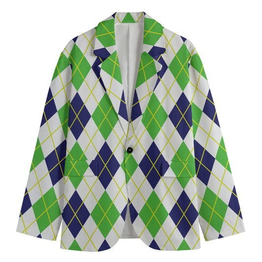 Navy Green And White Argyle Print Men's Blazer