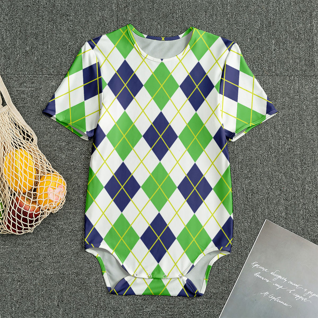 Navy Green And White Argyle Print Men's Bodysuit