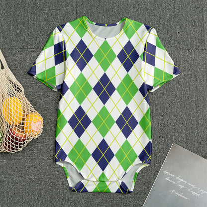 Navy Green And White Argyle Print Men's Bodysuit