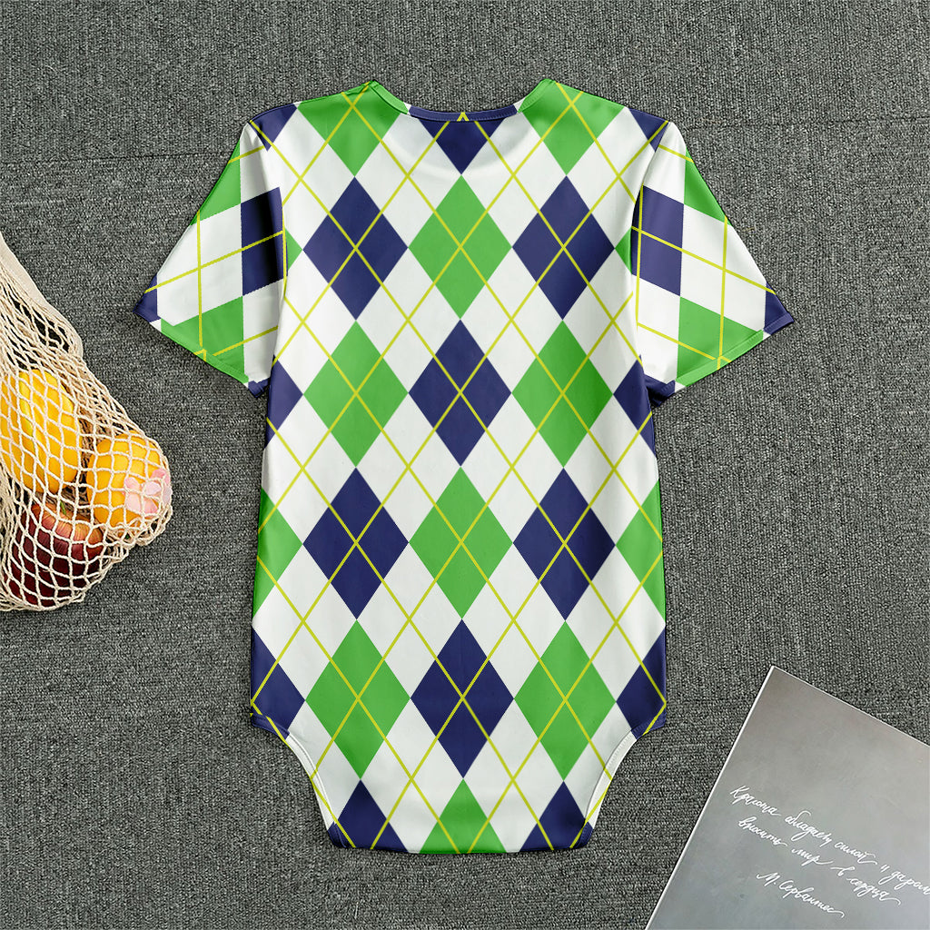 Navy Green And White Argyle Print Men's Bodysuit