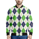 Navy Green And White Argyle Print Men's Bomber Jacket