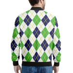 Navy Green And White Argyle Print Men's Bomber Jacket
