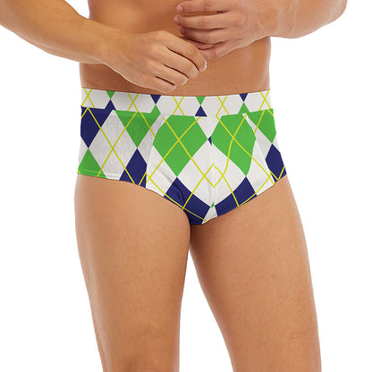 Navy Green And White Argyle Print Men's Briefs
