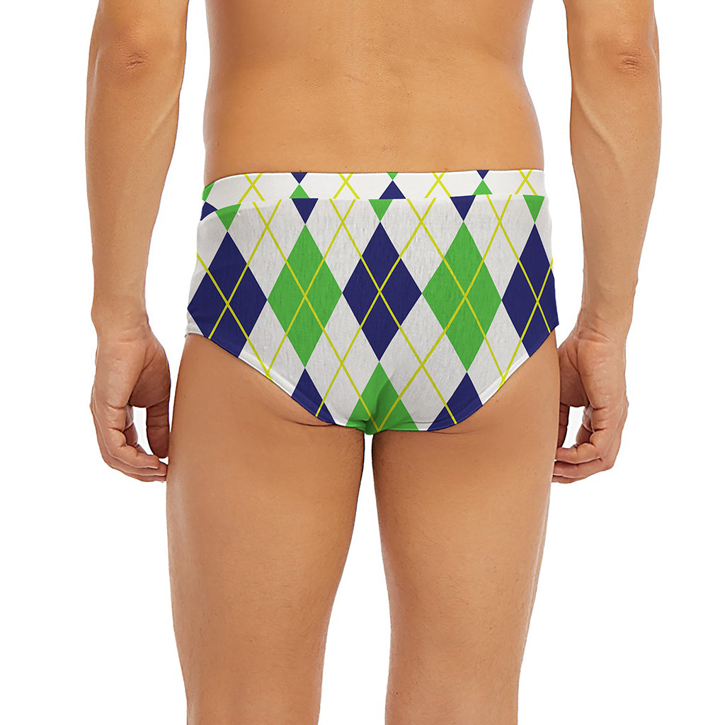 Navy Green And White Argyle Print Men's Briefs