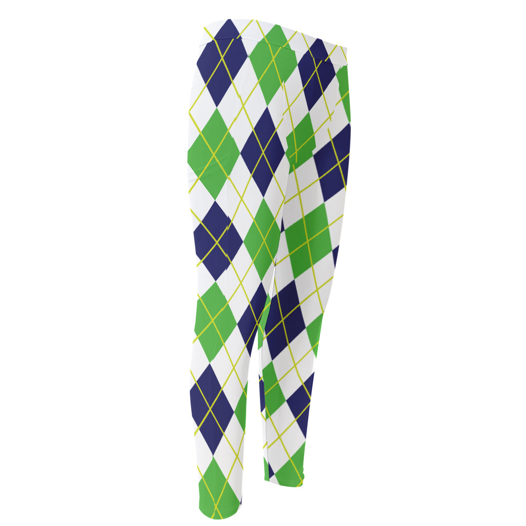 Navy Green And White Argyle Print Men's Compression Pants