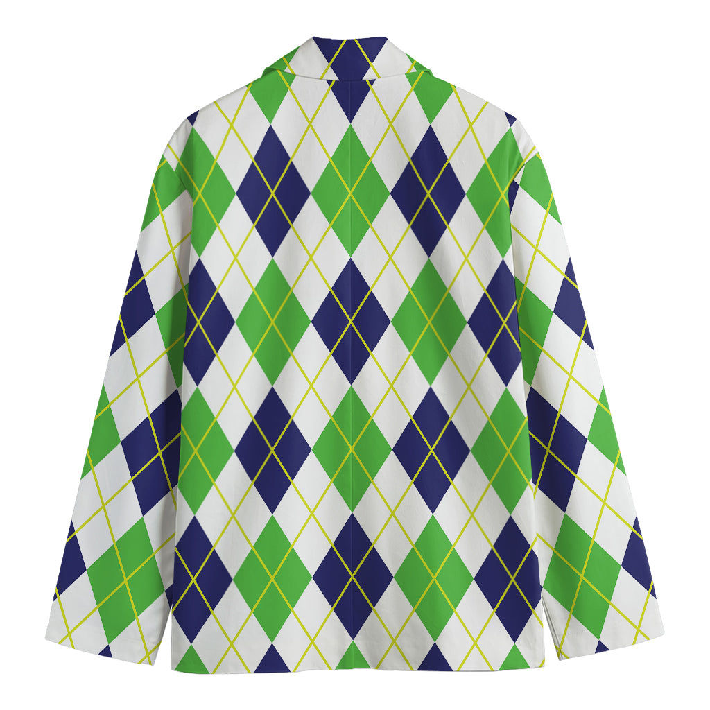 Navy Green And White Argyle Print Men's Cotton Blazer
