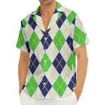 Navy Green And White Argyle Print Men's Deep V-Neck Shirt