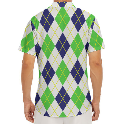 Navy Green And White Argyle Print Men's Deep V-Neck Shirt