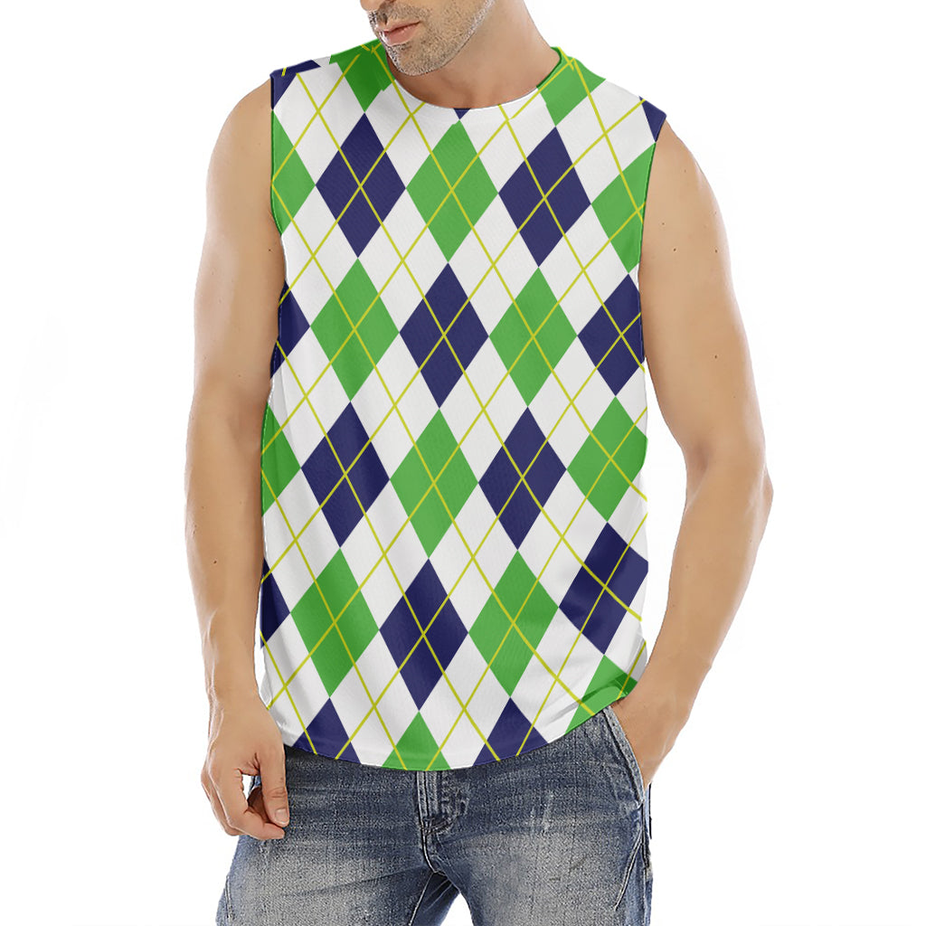 Navy Green And White Argyle Print Men's Fitness Tank Top