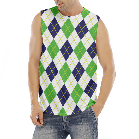 Navy Green And White Argyle Print Men's Fitness Tank Top