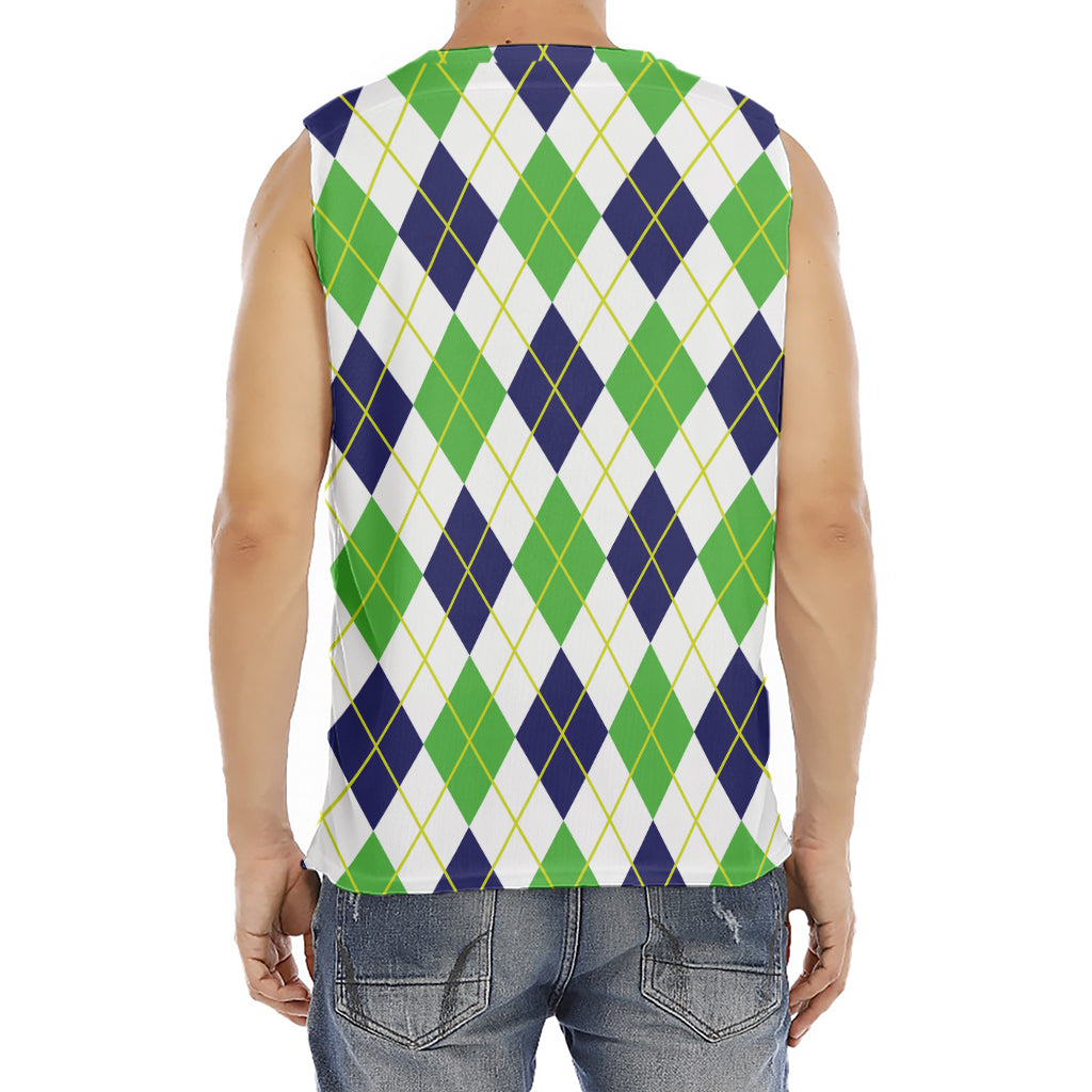 Navy Green And White Argyle Print Men's Fitness Tank Top