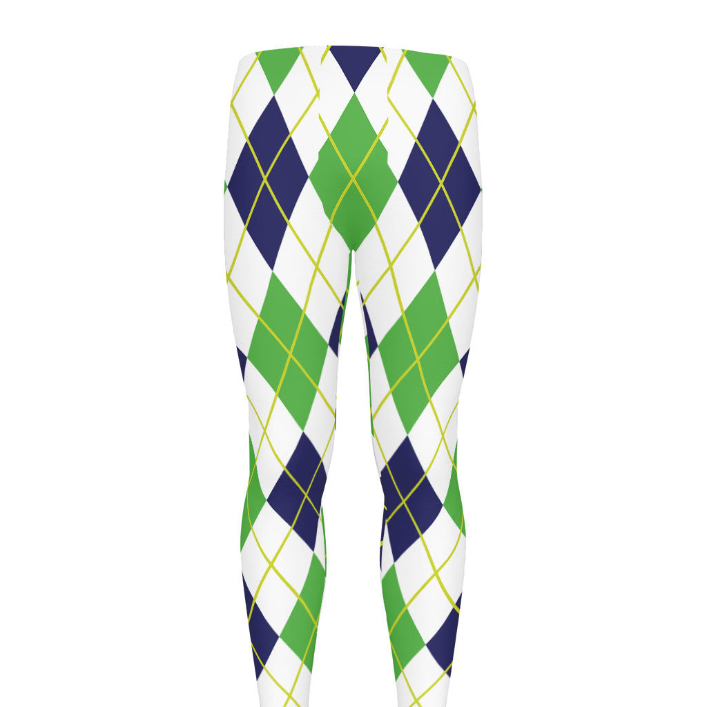 Navy Green And White Argyle Print Men's leggings