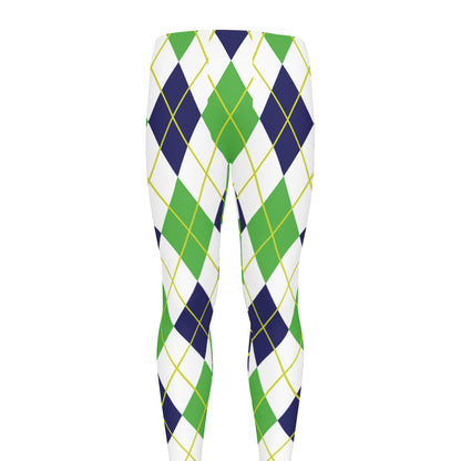 Navy Green And White Argyle Print Men's leggings