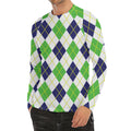 Navy Green And White Argyle Print Men's Long Sleeve Rash Guard
