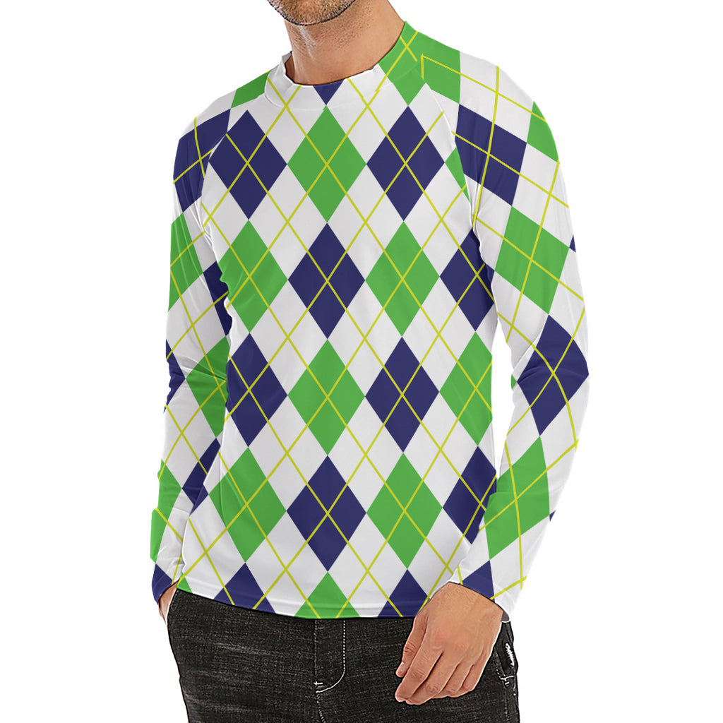 Navy Green And White Argyle Print Men's Long Sleeve Rash Guard