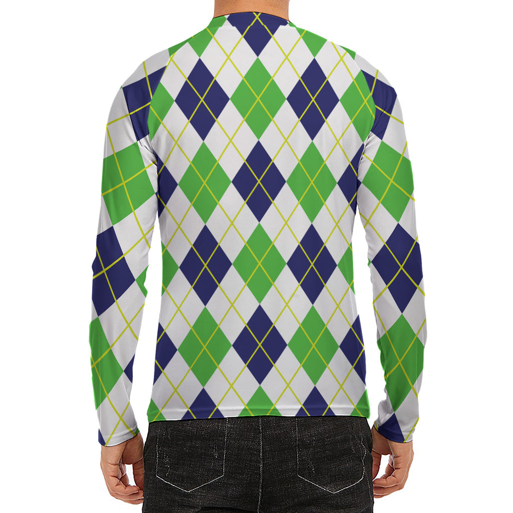 Navy Green And White Argyle Print Men's Long Sleeve Rash Guard