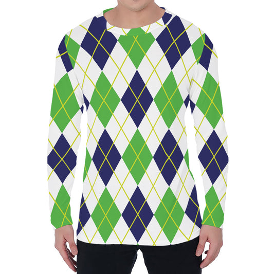 Navy Green And White Argyle Print Men's Long Sleeve T-Shirt