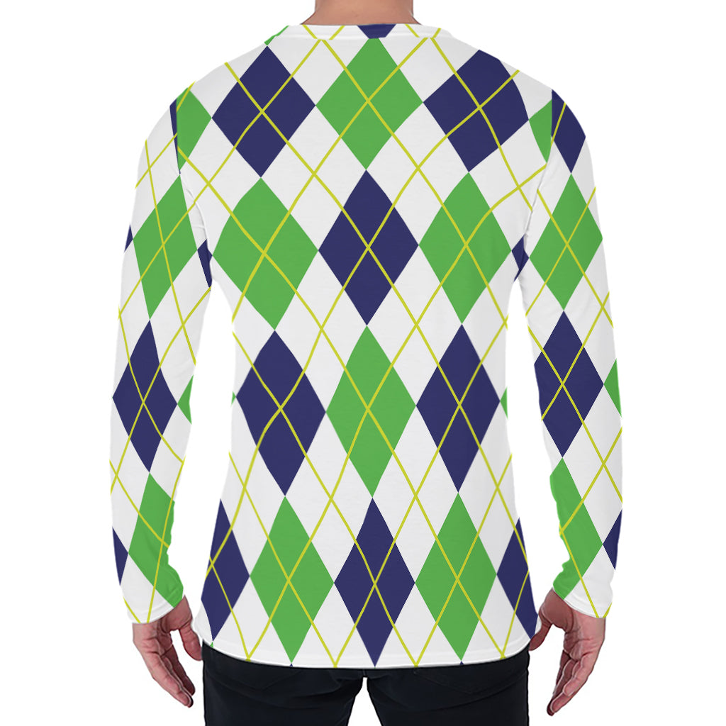 Navy Green And White Argyle Print Men's Long Sleeve T-Shirt