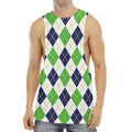 Navy Green And White Argyle Print Men's Muscle Tank Top