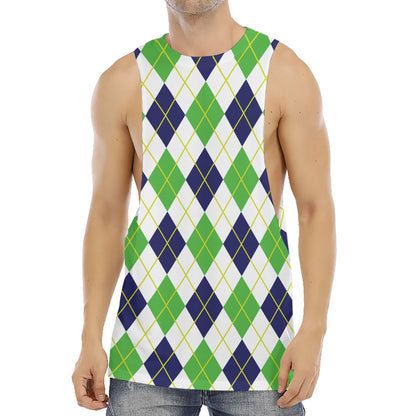 Navy Green And White Argyle Print Men's Muscle Tank Top