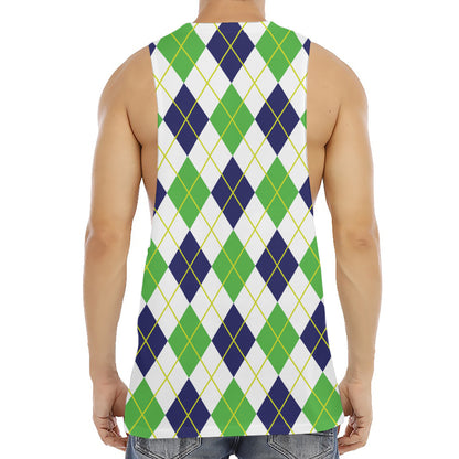 Navy Green And White Argyle Print Men's Muscle Tank Top
