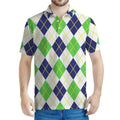 Navy Green And White Argyle Print Men's Polo Shirt