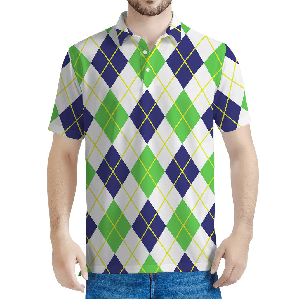 Navy Green And White Argyle Print Men's Polo Shirt