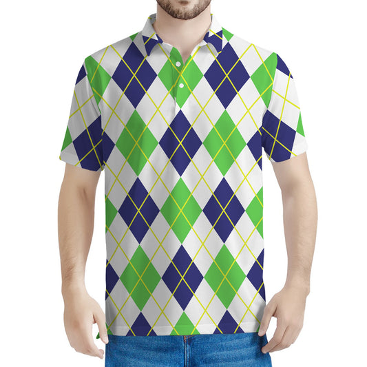 Navy Green And White Argyle Print Men's Polo Shirt