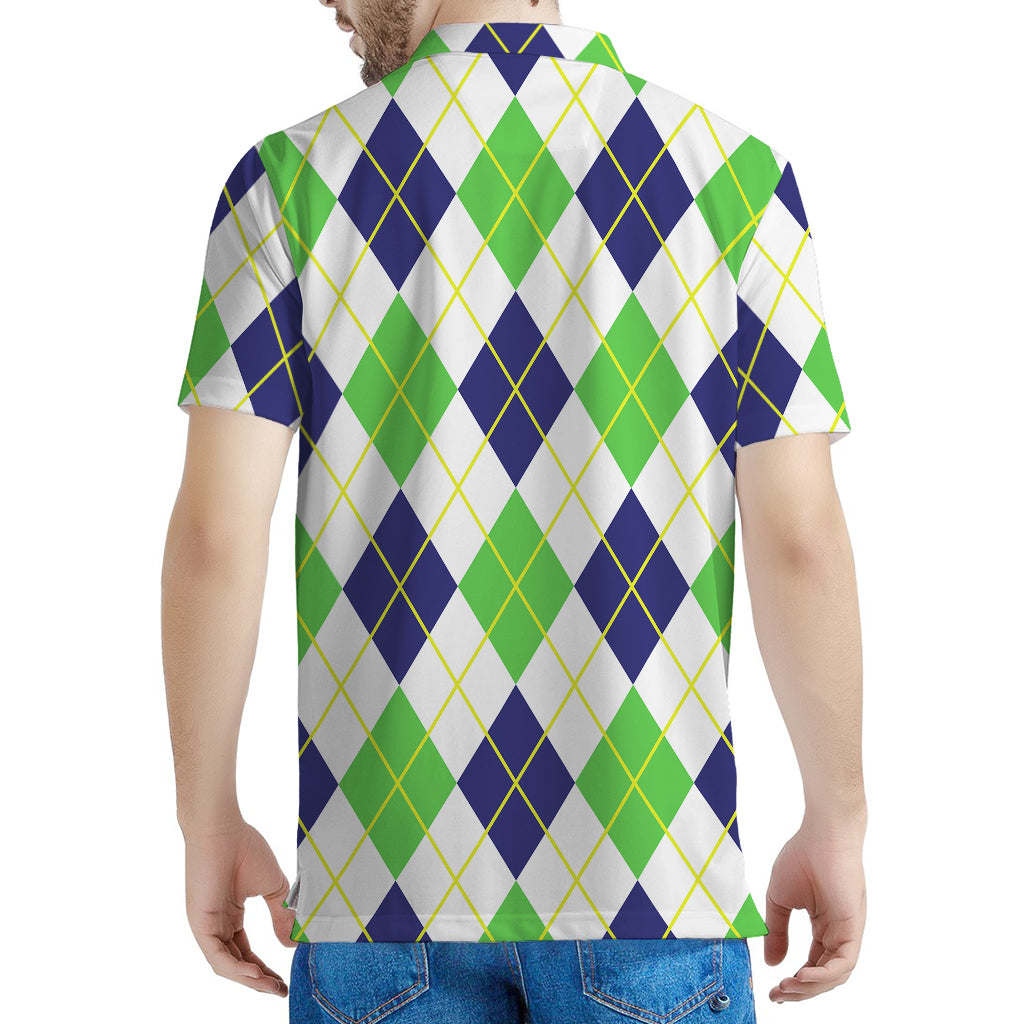 Navy Green And White Argyle Print Men's Polo Shirt