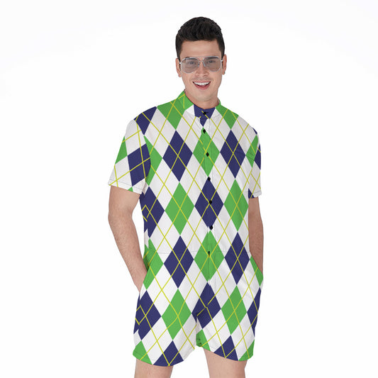 Navy Green And White Argyle Print Men's Rompers