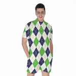 Navy Green And White Argyle Print Men's Rompers