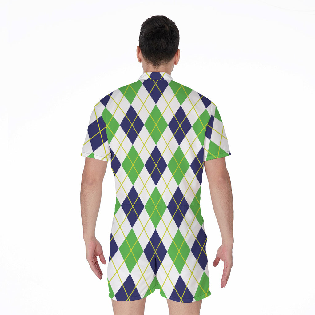 Navy Green And White Argyle Print Men's Rompers