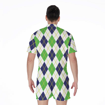 Navy Green And White Argyle Print Men's Rompers
