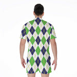 Navy Green And White Argyle Print Men's Rompers