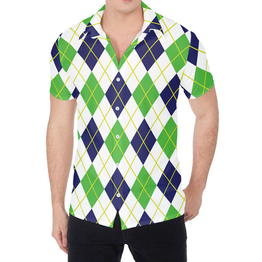 Navy Green And White Argyle Print Men's Shirt