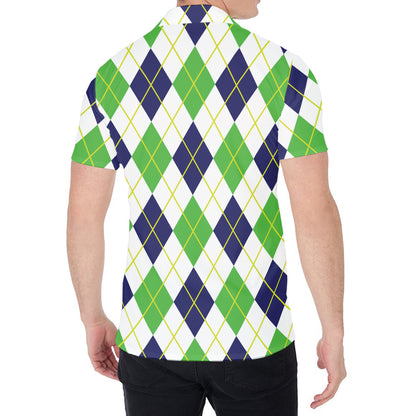 Navy Green And White Argyle Print Men's Shirt