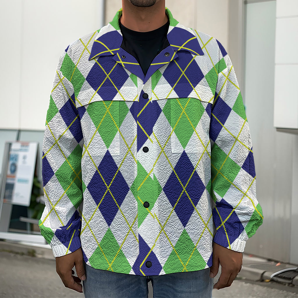 Navy Green And White Argyle Print Men's Shirt Jacket
