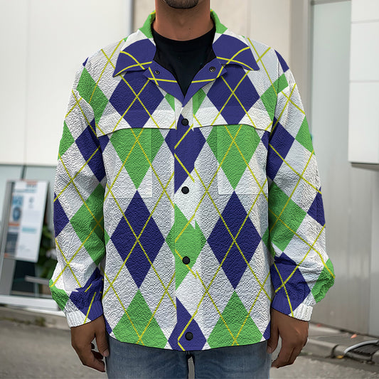 Navy Green And White Argyle Print Men's Shirt Jacket