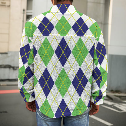 Navy Green And White Argyle Print Men's Shirt Jacket