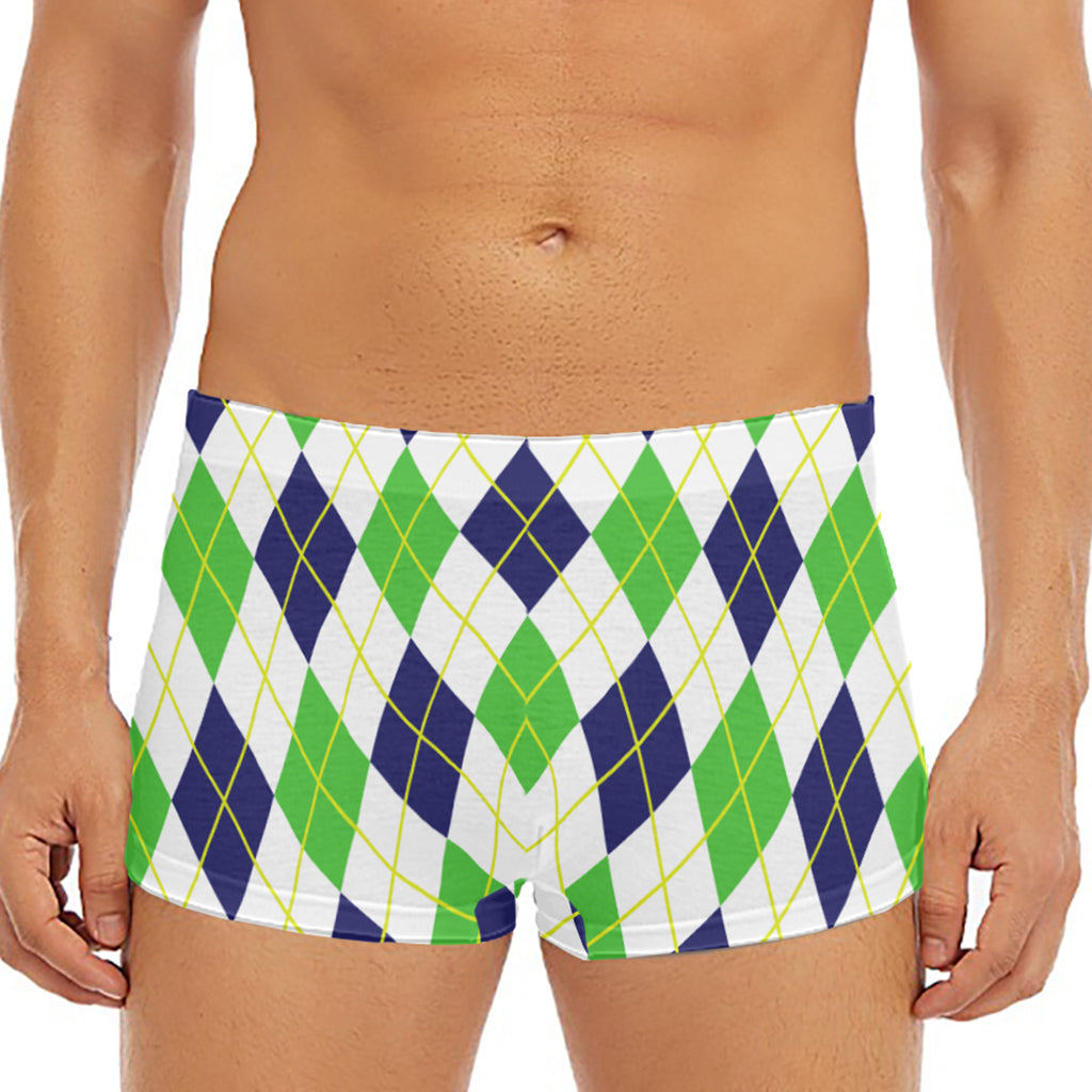 Navy Green And White Argyle Print Men's Short Boxer Briefs